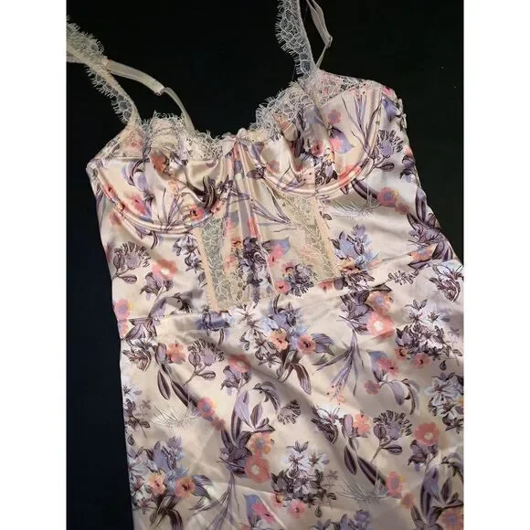 Victoria's Secret S gown slip DRESS Orange blue floral satin White beige lace